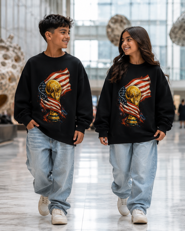 USA World Cup Trophy Flag Kids Fan Crewneck