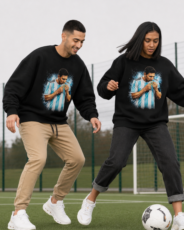 Lionel Messi Argentina Medal Kiss Blue Splash Crewneck – Unisex Soccer Fan Sweatshirt