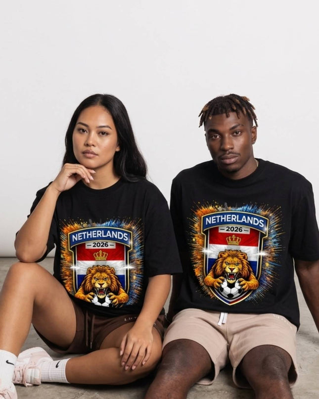 T-shirt fan unisexe Pays-Bas 2026 Coupe du Monde de Football Explosion Oranje Blason Bouclier Lion d'Or