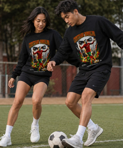 Cristiano Ronaldo Portugal Classificado Copa do Mundo 2026 Fire Lightning Face Action Unisex Fan Crewneck