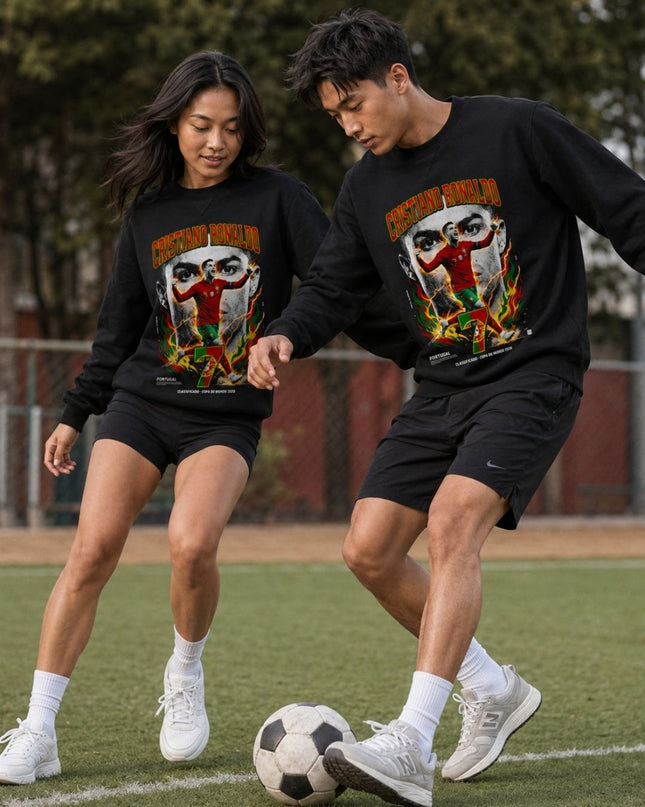 Cristiano Ronaldo Portugal Classificado Copa do Mundo 2026 Fire Lightning Face Action Unisex Fan Crewneck