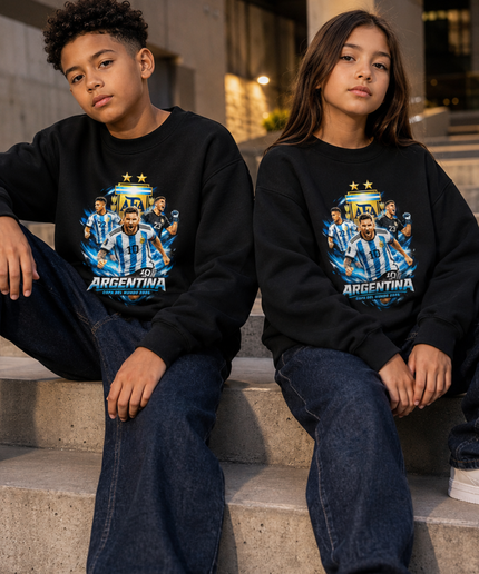 Argentina Messi #10 AFA Crest Blue Lightning Multi-Player Copa del Mundo 2026 Black Kids Fan Crewneck
