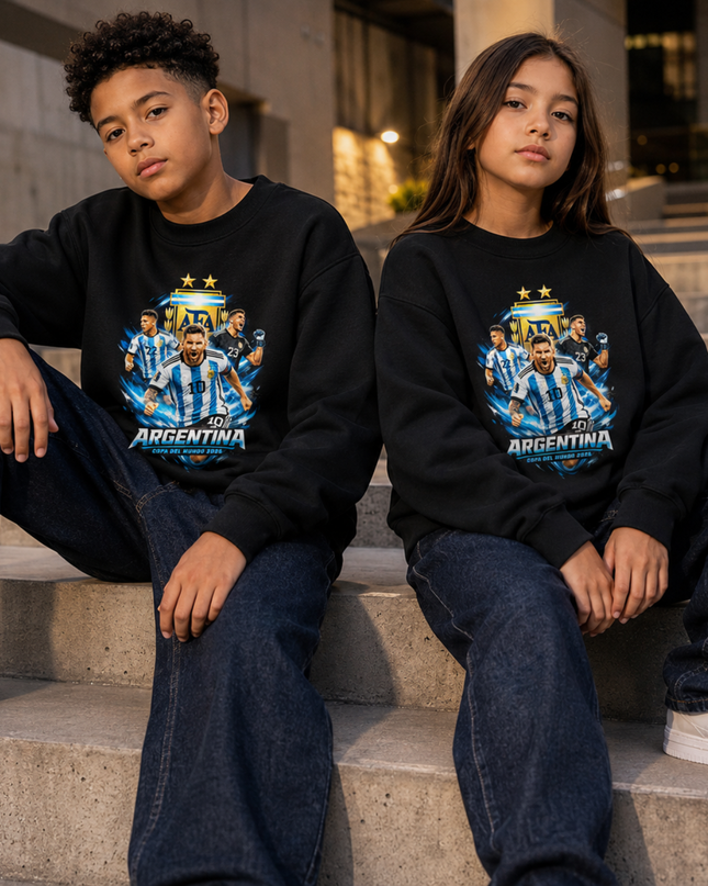 Argentina Messi #10 AFA Crest Blue Lightning Multi-Player Copa del Mundo 2026 Black Kids Fan Crewneck
