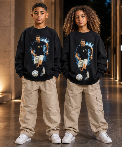 Kylian Mbappé France Bleu Splash Dribble Action Portrait Col Rond Enfant