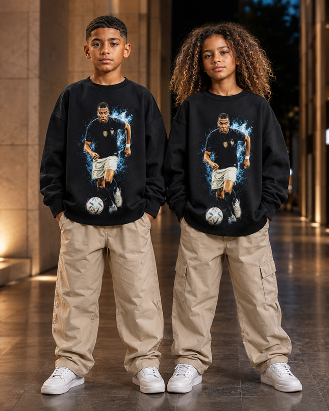 Kylian Mbappé France Blue Water Splash Dribbling Action Portrait Kids Fan Crewneck