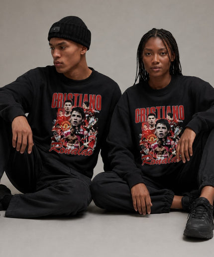 Cristiano Ronaldo Manchester United Il Comandante Vintage Rap Bootleg Collage Unisexe Col Ras du Cou Fan