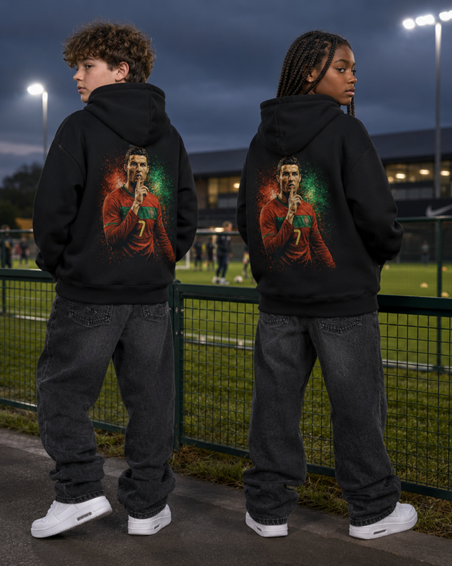 Cristiano Ronaldo Portugal #7 Shhh Silence Celebration Portrait Kids Fan Hoodie