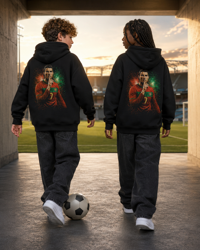 Cristiano Ronaldo Portugal #7 Shhh Silence Celebration Portrait Kids Fan Hoodie
