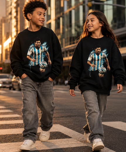 Lionel Messi Argentina Blue Paint Splash Dribbling Action Portrait Black Kids Fan Crewneck