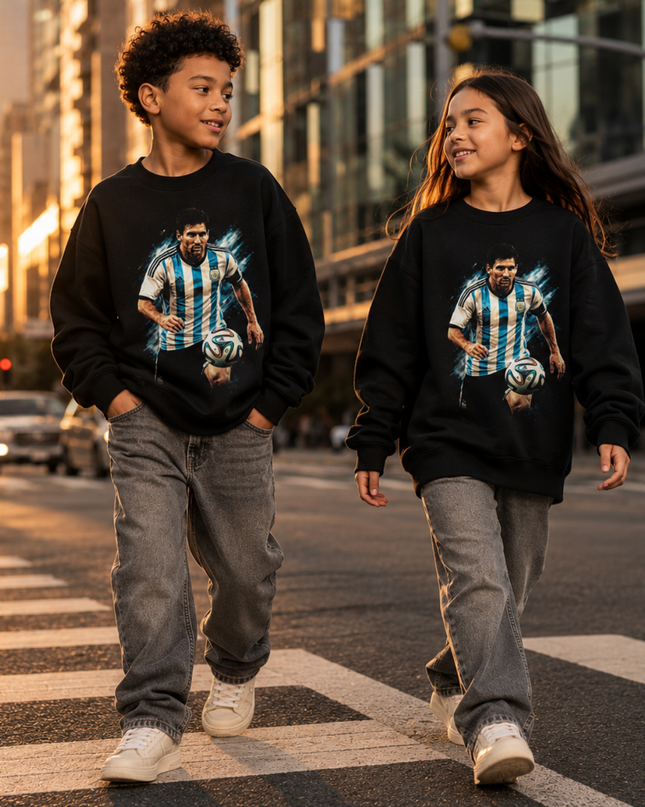 Lionel Messi Argentina Blue Paint Splash Dribbling Action Portrait Black Kids Fan Crewneck