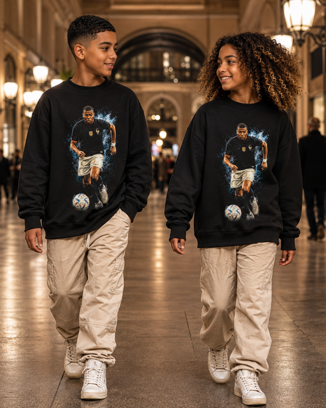 Kylian Mbappé France Blue Water Splash Dribbling Action Portrait Kids Fan Crewneck