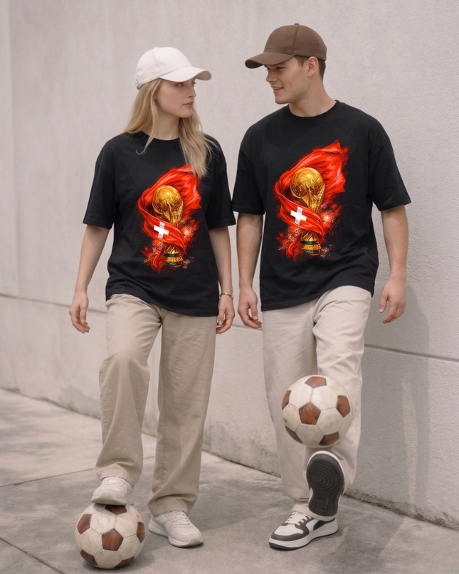 T-shirt de supporter unisexe Coupe du Monde de Football 2026 Drapeau Suisse & Trophée Flamme Édition