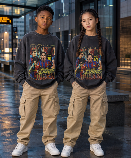 Lionel Messi Barcelona GOAT #10 Vintage Bootleg Multi-Pose Washed Black Kids Fan Crewneck
