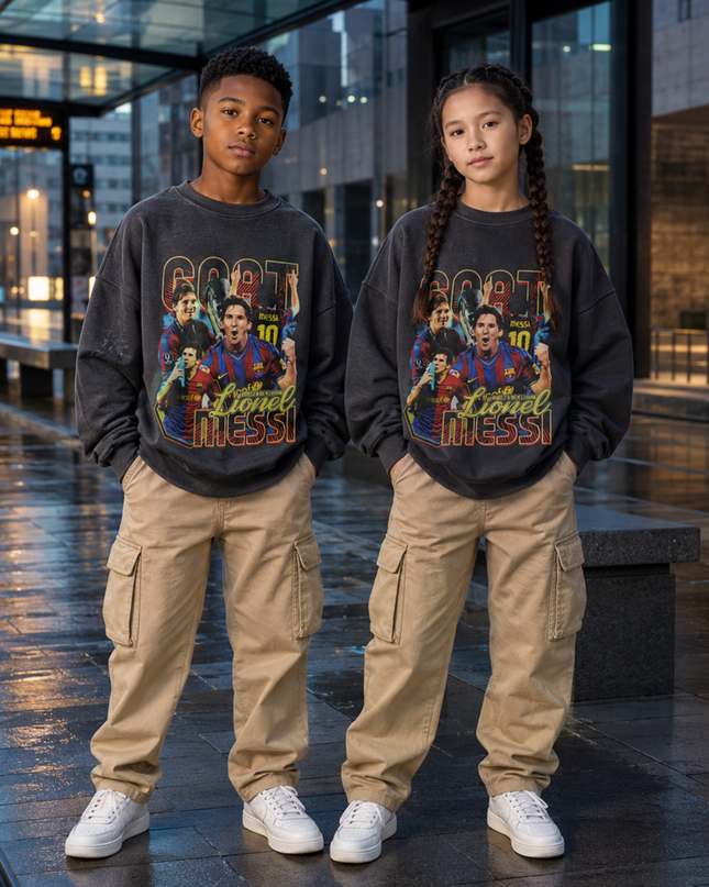 Lionel Messi Barcelona GOAT #10 Vintage Bootleg Multi-Pose Washed Black Kids Fan Crewneck