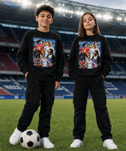 David Beckham Real Madrid CF White Blue Vintage Rap Bootleg Multi-Pose Collage Kids Fan Crewneck