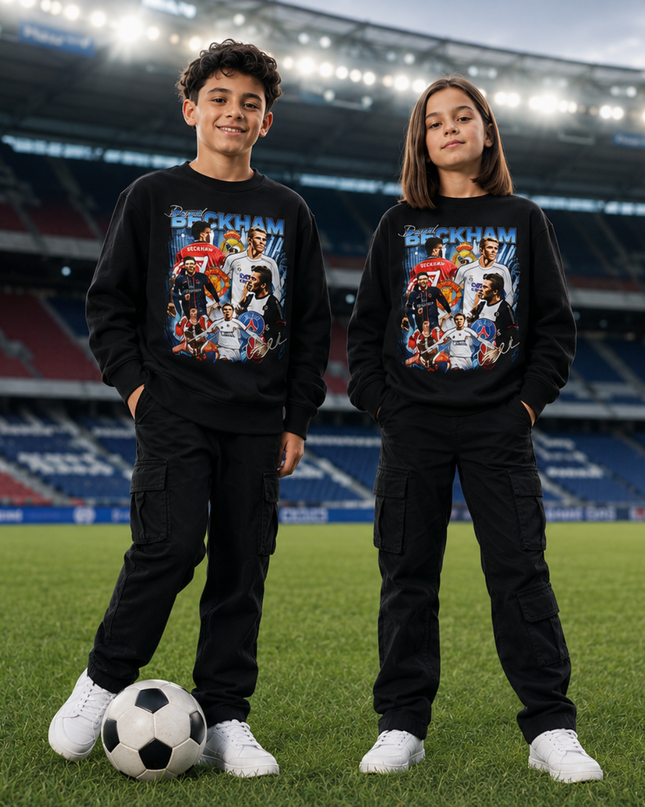 David Beckham Real Madrid CF White Blue Vintage Rap Bootleg Multi-Pose Collage Kids Fan Crewneck