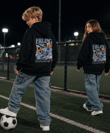 Erling Haaland Man City Retro Collage Kids Fan Hoodie