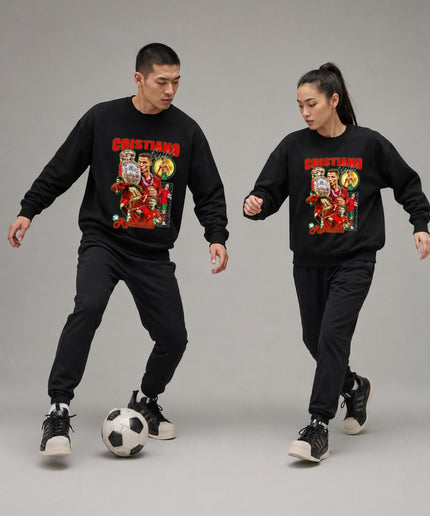 Cristiano Ronaldo Portugal Euro Trophée Rouge Vintage Bootleg Collage Unisexe Fan Col Rond