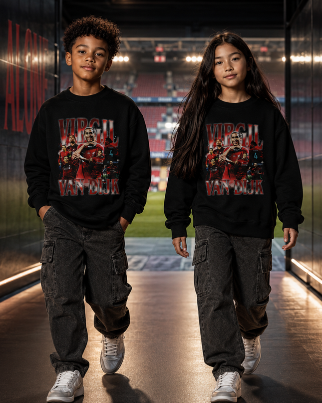 Virgil Van Dijk Pays-Bas Liverpool Rouge Noir Vintage Rap Bootleg Collage Multi-Joueurs Enfants Col Ras du Cou Fan