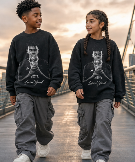 Lamine Yamal Trophy Kiss Black & White Portrait Kids Fan Crewneck