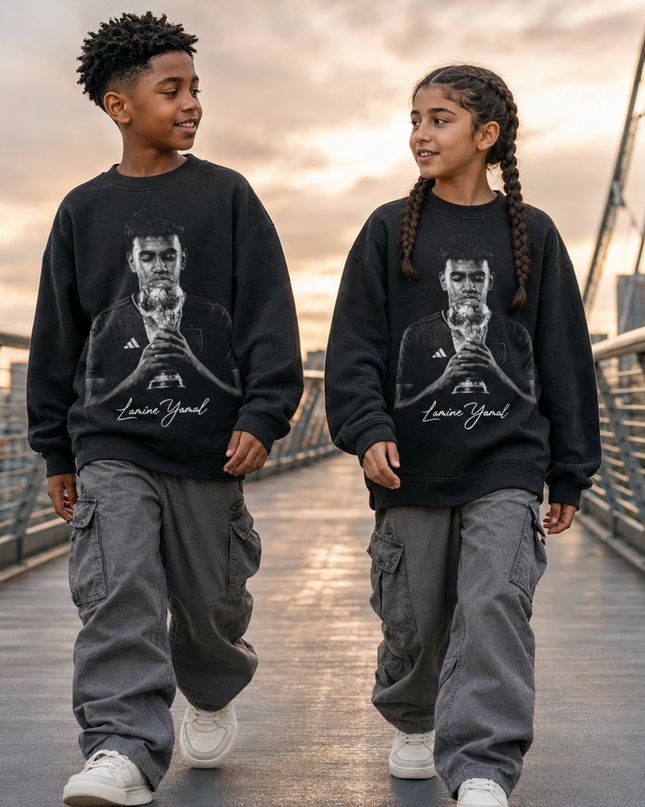 Lamine Yamal Trophy Kiss Black & White Portrait Kids Fan Crewneck