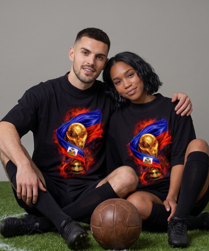 Haiti World Cup Trophy & Flag Fire Unisex Fan T-Shirt