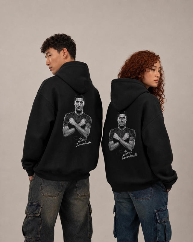 Robert Lewandowski B&W Arms Crossed Signature Portrait Unisex Fan Hoodie