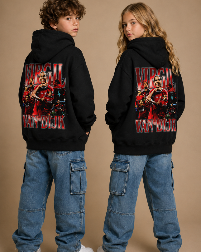 Sweat à capuche enfant fan Virgil Van Dijk #4 Liverpool, motif collage rétro