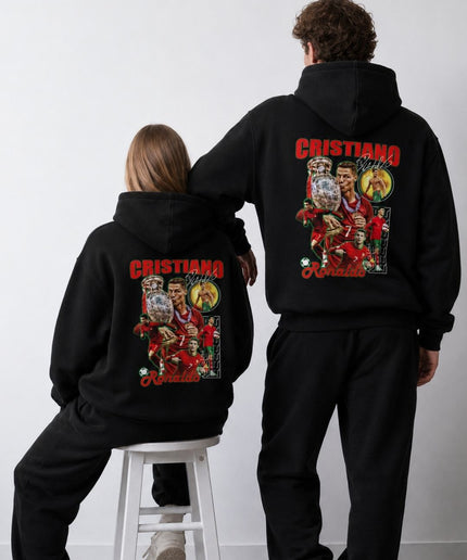Cristiano Ronaldo #7 Portugal Trophée Euro Écriture Rouge Collage Grunge Sweat à Capuche Adulte Fan