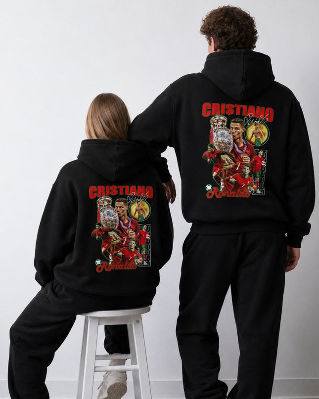 Cristiano Ronaldo #7 Portugal Euro Trophy Red Script Grunge Collage Adult Fan Hoodie