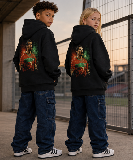 Cristiano Ronaldo Portugal #7 Regard Intense Portrait Feu Vert-Rouge Sweat à Capuche Enfant Fan