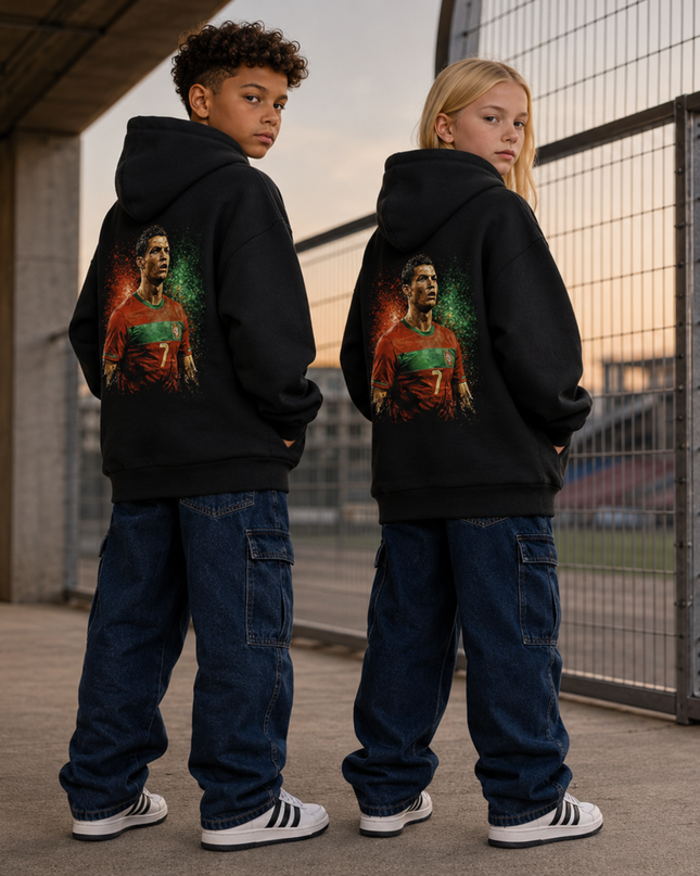 Cristiano Ronaldo Portugal #7 Intense Stare Green-Red Fire Portrait Kids Fan Hoodie