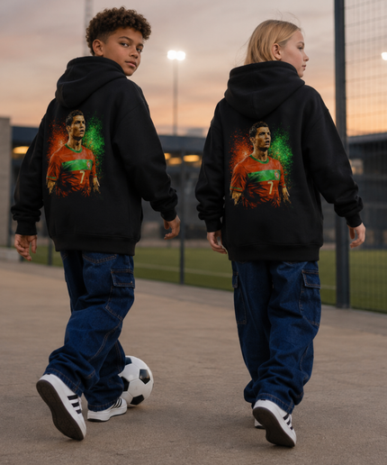 Cristiano Ronaldo Portugal #7 Regard Intense Portrait Feu Vert-Rouge Sweat à Capuche Enfant Fan