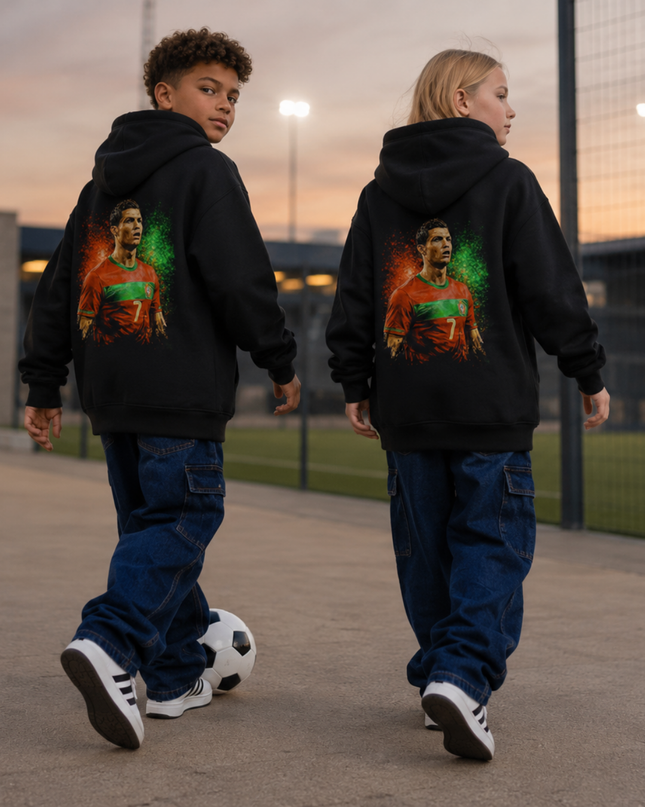 Cristiano Ronaldo Portugal #7 Intense Stare Green-Red Fire Portrait Kids Fan Hoodie