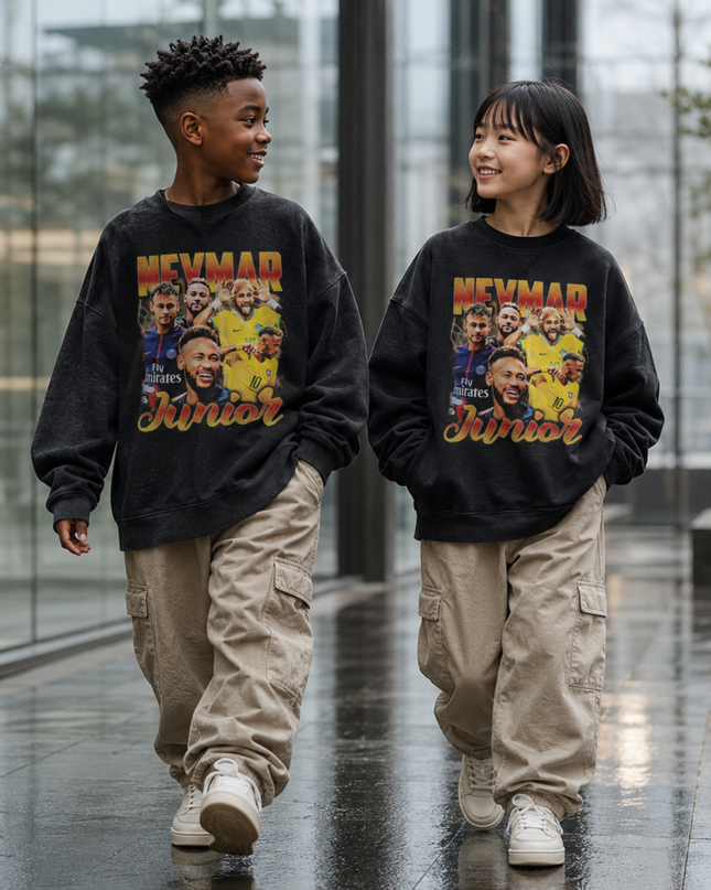 Neymar Jr Brazil #10 Junior Vintage Rap Bootleg Multi-Pose Washed Black Kids Fan Crewneck