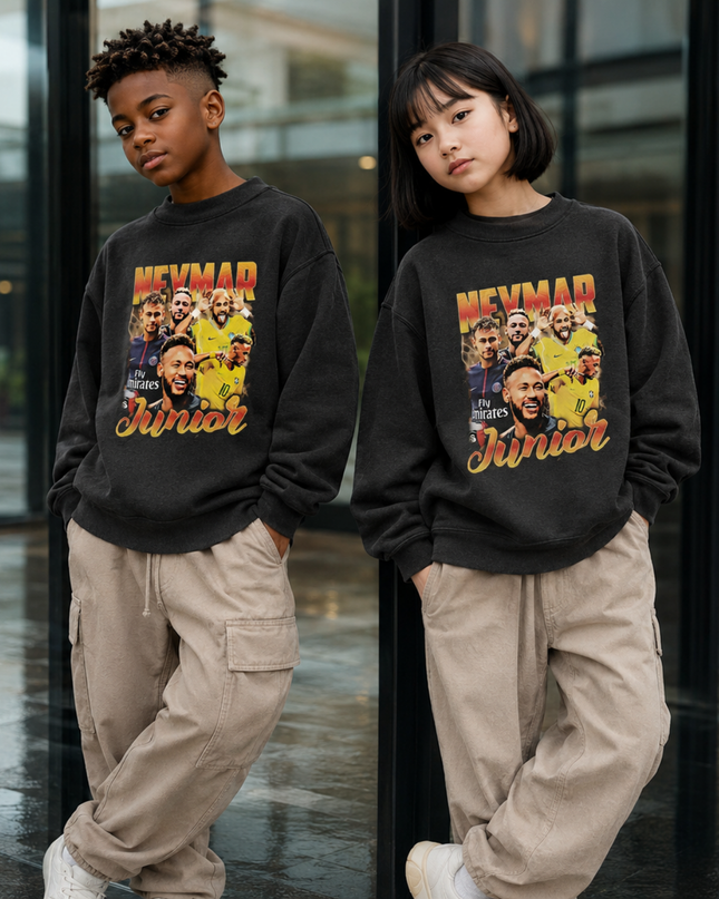 Neymar Jr Brazil #10 Junior Vintage Rap Bootleg Multi-Pose Washed Black Kids Fan Crewneck