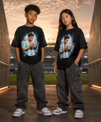 Lionel Messi Argentina Ball Kiss Blue Splash Portrait Kids Fan T-Shirt