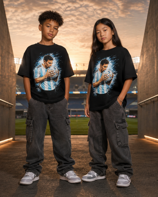 T-shirt Enfant Fan Portrait Lionel Messi Argentine Baiser du Ballon Éclaboussure Bleue