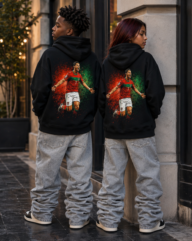 Cristiano Ronaldo Portugal #7 SIUUU Arms-Out Scream Celebration Green-Red Splash Kids Fan Hoodie