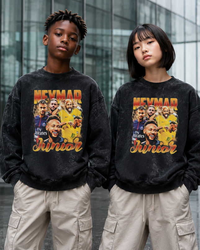 Neymar Jr Brazil #10 Junior Vintage Rap Bootleg Multi-Pose Washed Black Kids Fan Crewneck