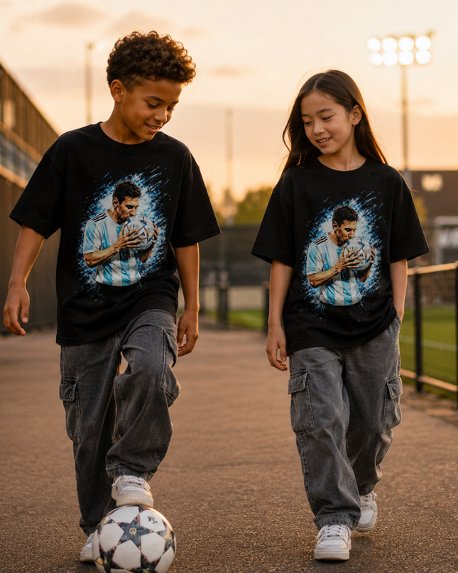 T-shirt Enfant Fan Portrait Lionel Messi Argentine Baiser du Ballon Éclaboussure Bleue