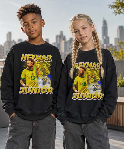 Neymar Jr Brazil #10 Junior Gold Crown Trophy Multi-Pose Washed Black Kids Fan Crewneck