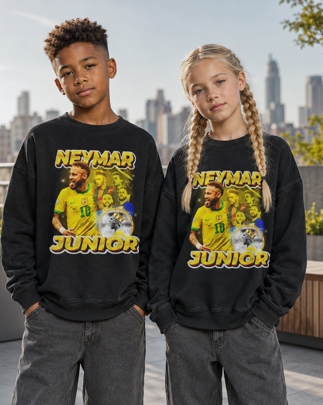 Neymar Jr Brazil #10 Junior Gold Crown Trophy Multi-Pose Washed Black Kids Fan Crewneck