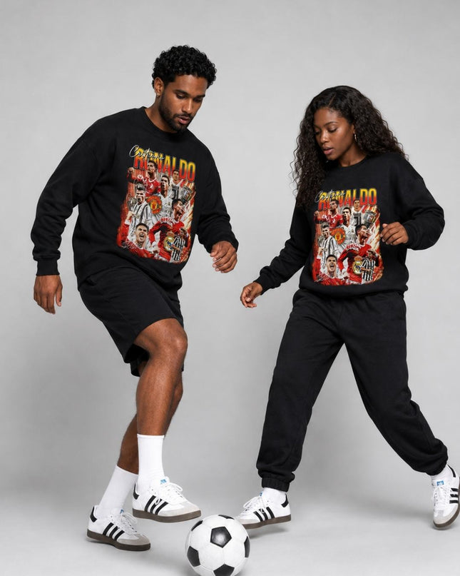 Pull Ras du Cou Unisexe Fan Hommage à la Carrière Multi-Kit Cristiano Ronaldo Rouge Or Orange Feu Vintage Rap