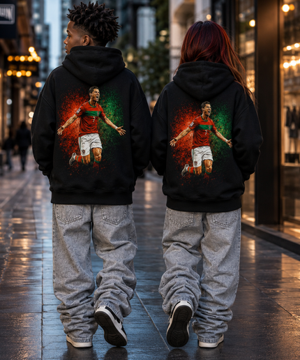 Sweat à capuche enfant Cristiano Ronaldo Portugal #7 SIUUU Célébration Bras Écartés Cri Vert-Rouge Éclaboussures