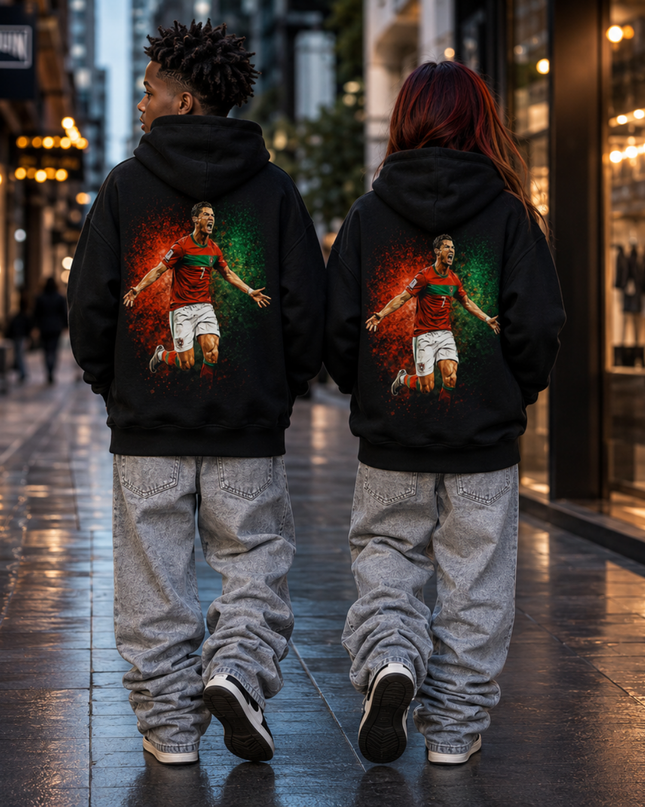 Cristiano Ronaldo Portugal #7 SIUUU Arms-Out Scream Celebration Green-Red Splash Kids Fan Hoodie