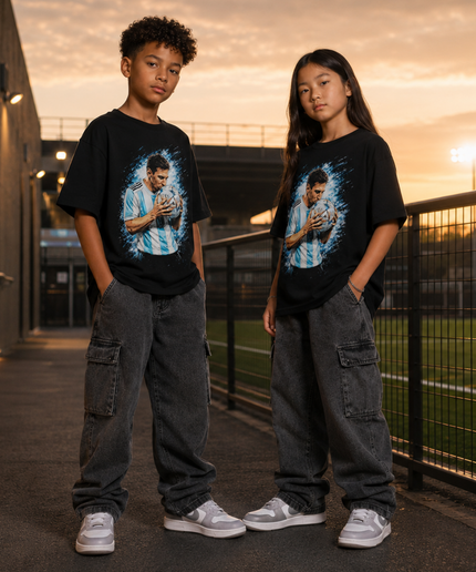 Lionel Messi Argentina Ball Kiss Blue Splash Portrait Kids Fan T-Shirt