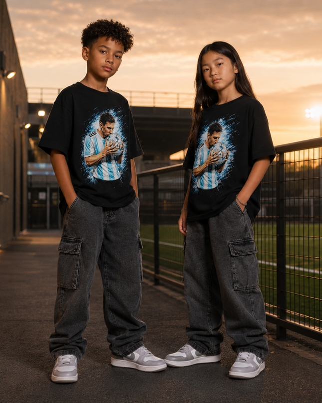 T-shirt Enfant Fan Portrait Lionel Messi Argentine Baiser du Ballon Éclaboussure Bleue