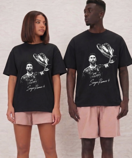 Sergio Ramos #4 Spain UCL Trophy Lift Unisex Fan T-Shirt