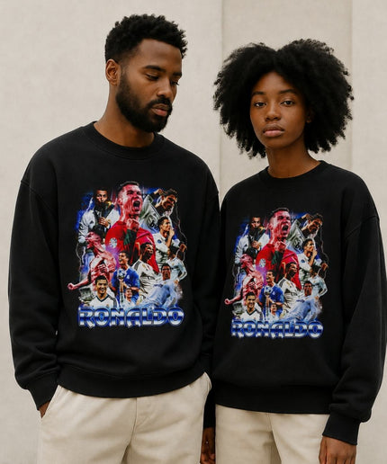 Cristiano Ronaldo Blue Purple Neon Lightning Screaming Celebration Multi-Kit Career Collage Unisex Fan Crewneck